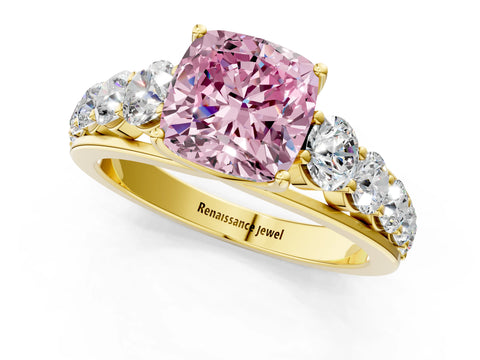 Yellow gold Fancy Pink Cushion Cut Brilliant Diamond Pavé Band with Six-Prong Setting_1