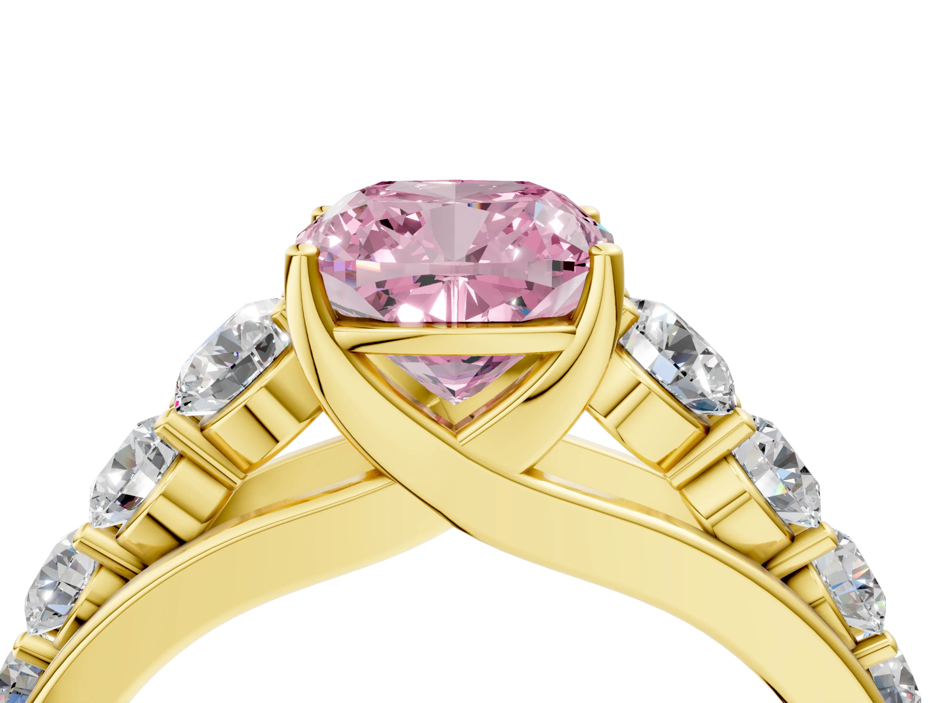 Yellow gold Fancy Pink Cushion Cut Brilliant Diamond Pavé Band with Six-Prong Setting_4