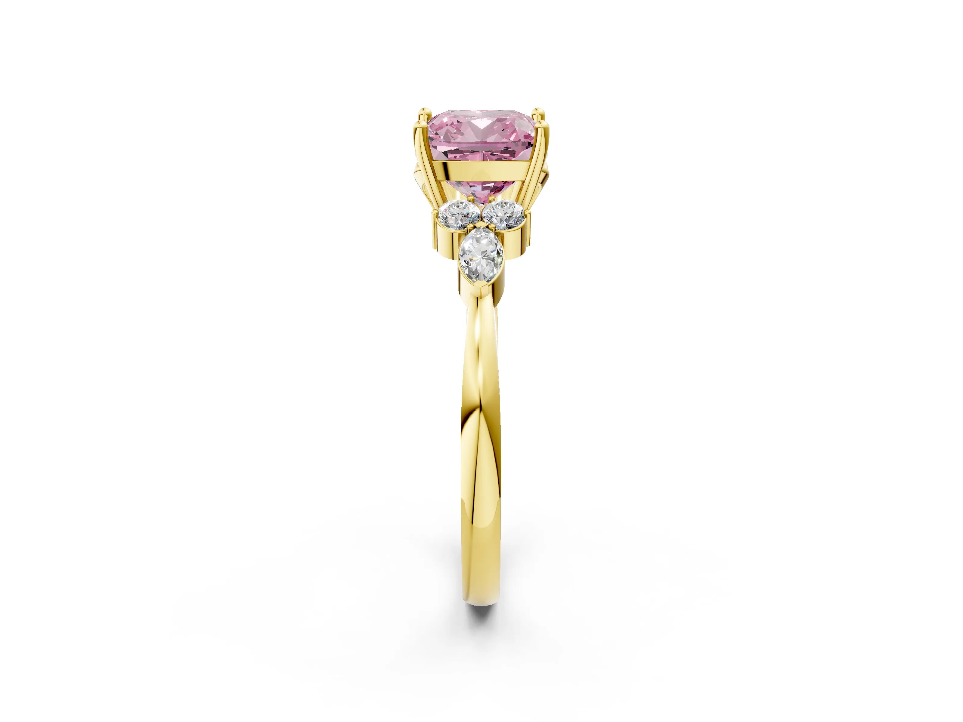 Yellow gold Fancy Pink Cushion Cut Brilliant Diamond Solitaire Ring with Pear Side Stones and Four-Prong Setting_5