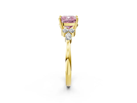 Yellow gold Fancy Pink Cushion Cut Brilliant Diamond Solitaire Ring with Pear Side Stones and Four-Prong Setting_5
