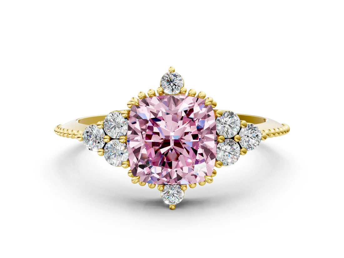 Yellow gold Fancy Pink Cushion Cut Brilliant Diamond with Cluster Setting on a Beaded Band and Four-Prong Setting