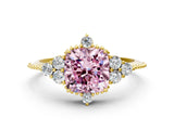 Yellow gold Fancy Pink Cushion Cut Brilliant Diamond with Cluster Setting on a Beaded Band and Four-Prong Setting