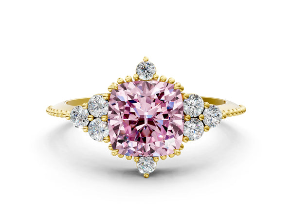 Yellow gold Fancy Pink Cushion Cut Brilliant Diamond with Cluster Setting on a Beaded Band and Four-Prong Setting