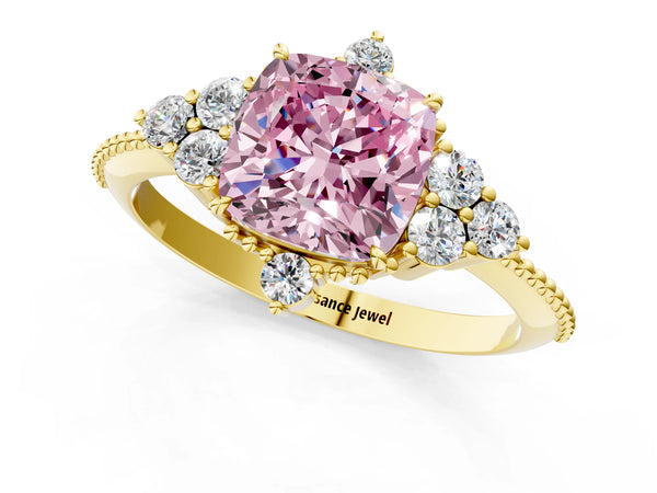 Yellow gold Fancy Pink Cushion Cut Brilliant Diamond with Cluster Setting on a Beaded Band and Four-Prong Setting