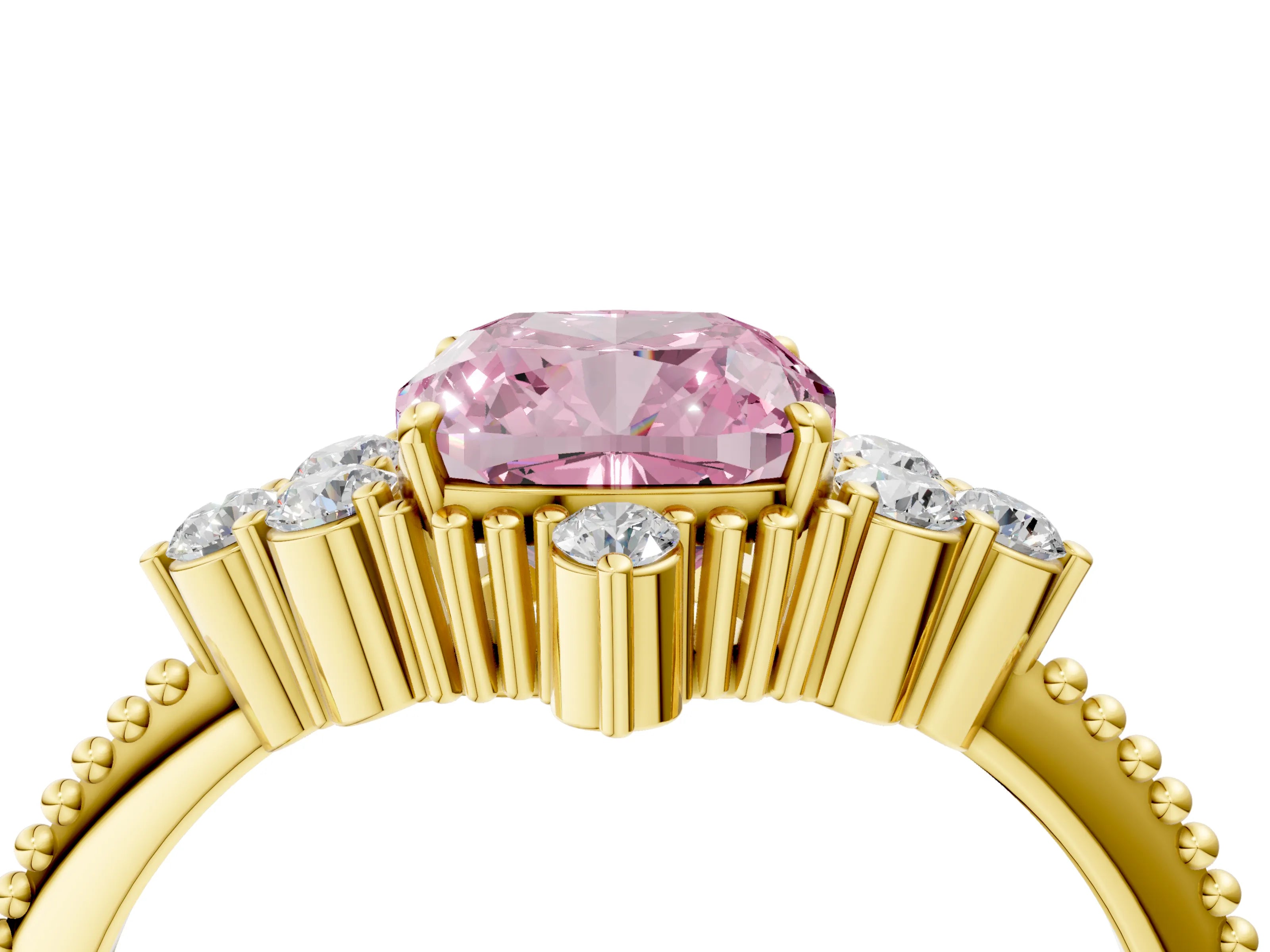 Yellow gold Fancy Pink Cushion Cut Brilliant Diamond with Cluster Setting on a Beaded Band and Four-Prong Setting_4
