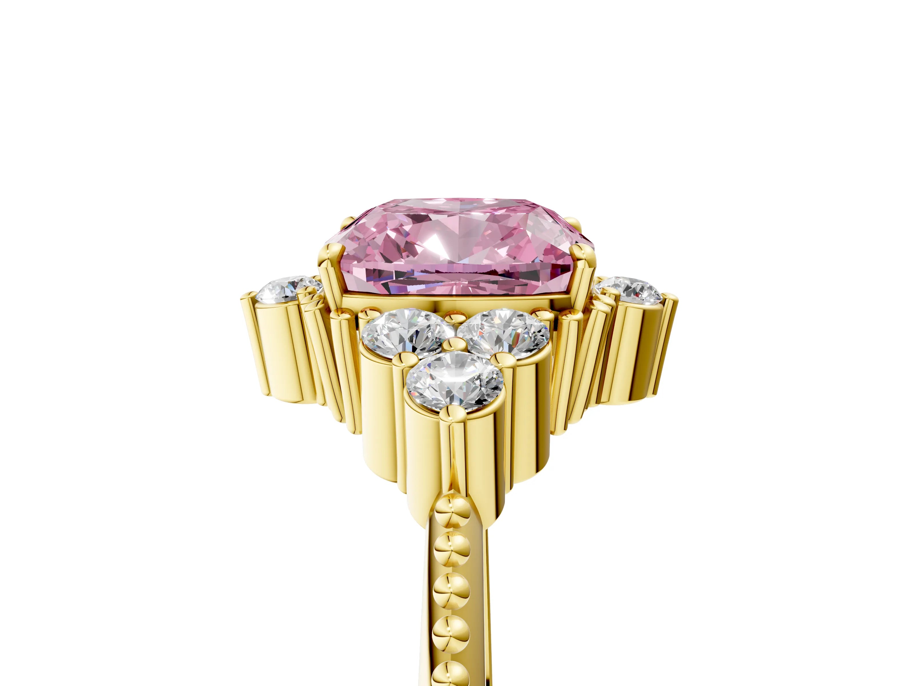 Yellow gold Fancy Pink Cushion Cut Brilliant Diamond with Cluster Setting on a Beaded Band and Four-Prong Setting_5