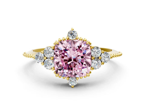 Yellow gold Fancy Pink Cushion Cut Brilliant Diamond with Cluster Setting on a Beaded Band and Four-Prong Setting