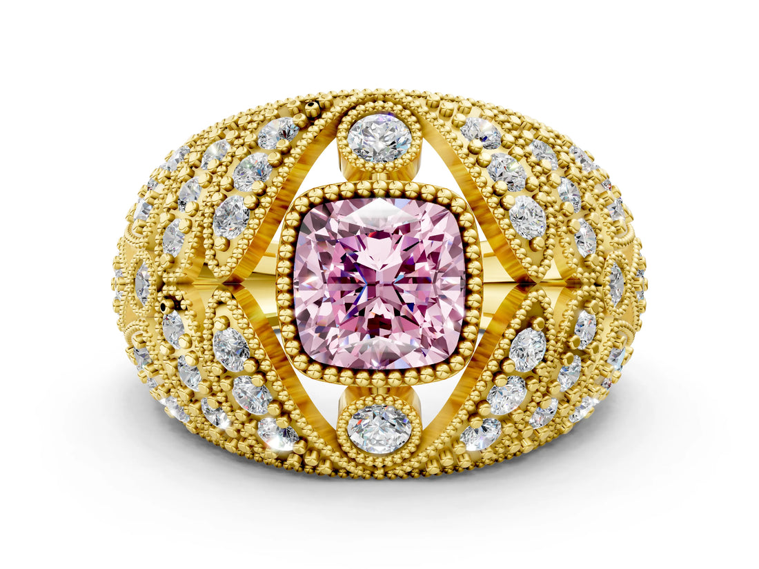 Yellow gold Fancy Pink Cushion Cut Brilliant Halo Pave Diamond Milgrain Ring