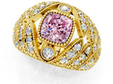Yellow gold Fancy Pink Cushion Cut Brilliant Halo Pave Diamond Milgrain Ring_1