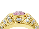 Yellow gold Fancy Pink Cushion Cut Brilliant Halo Pave Diamond Milgrain Ring_4