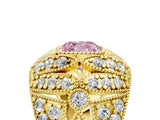 Yellow gold Fancy Pink Cushion Cut Brilliant Halo Pave Diamond Milgrain Ring_5