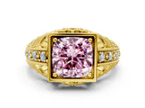 Yellow gold Fancy Pink Cushion Cut Brilliant Milgrain Filigree Diamond Ring with Square Prong Setting