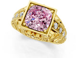 Yellow gold Fancy Pink Cushion Cut Brilliant Milgrain Filigree Diamond Ring with Square Prong Setting_1