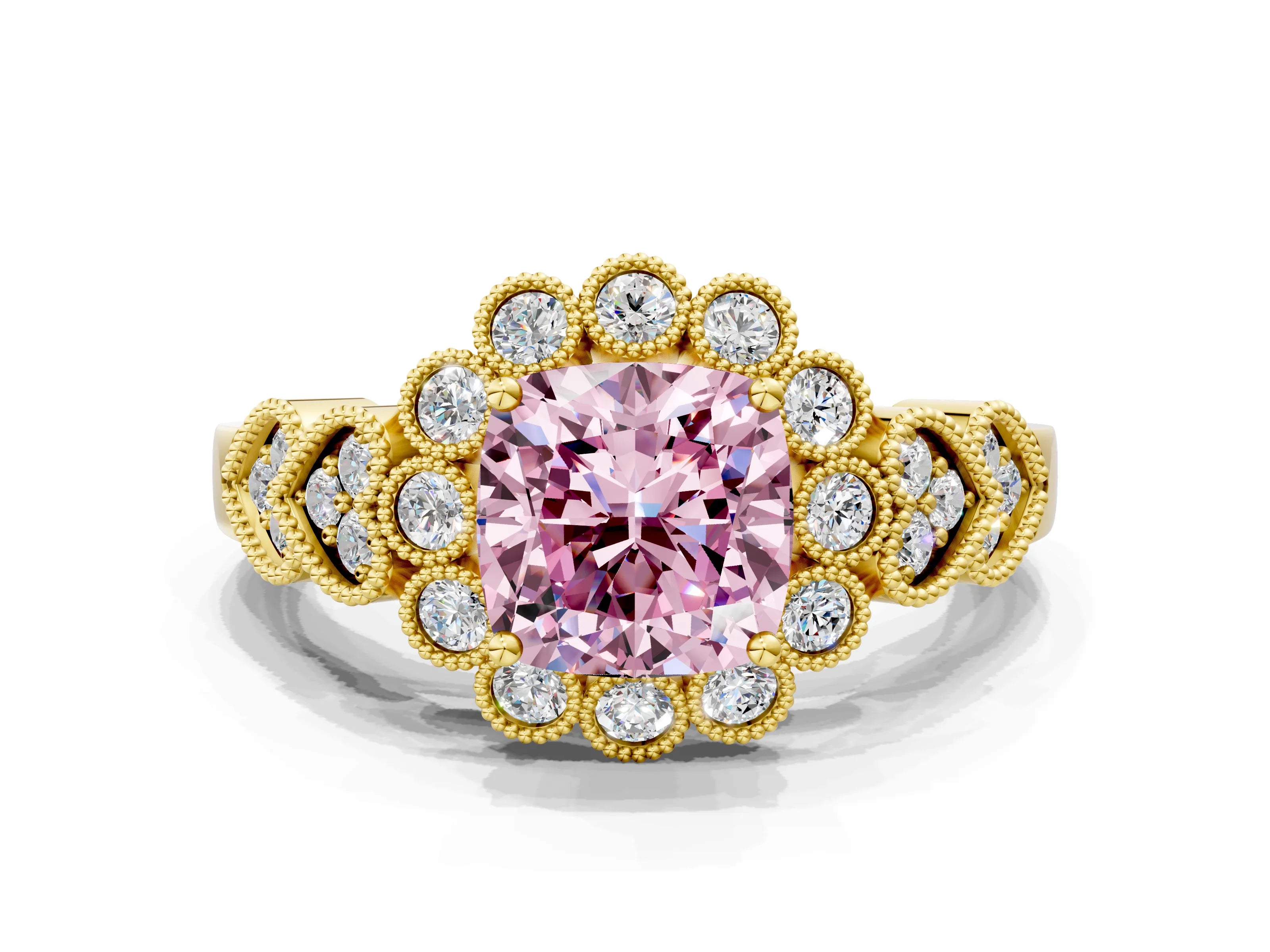 Yellow gold Fancy Pink Cushion Cut Brilliant Milgrain Pave Heart Band Solitaire Ring