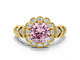 Yellow gold Fancy Pink Cushion Cut Brilliant Milgrain Pave Heart Band Solitaire Ring