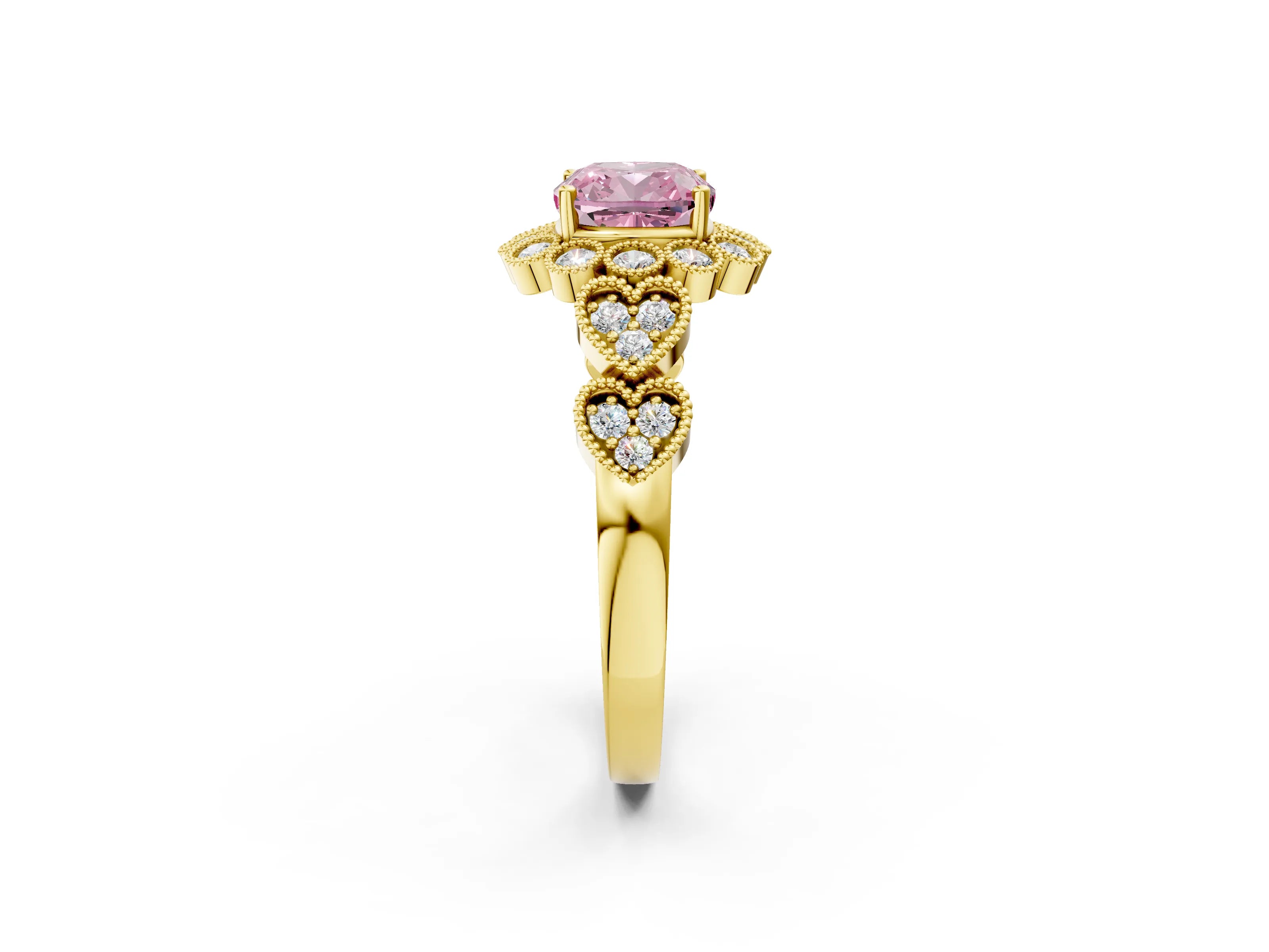 Yellow gold Fancy Pink Cushion Cut Brilliant Milgrain Pave Heart Band Solitaire Ring_2