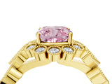 Yellow gold Fancy Pink Cushion Cut Brilliant Milgrain Pave Heart Band Solitaire Ring_4