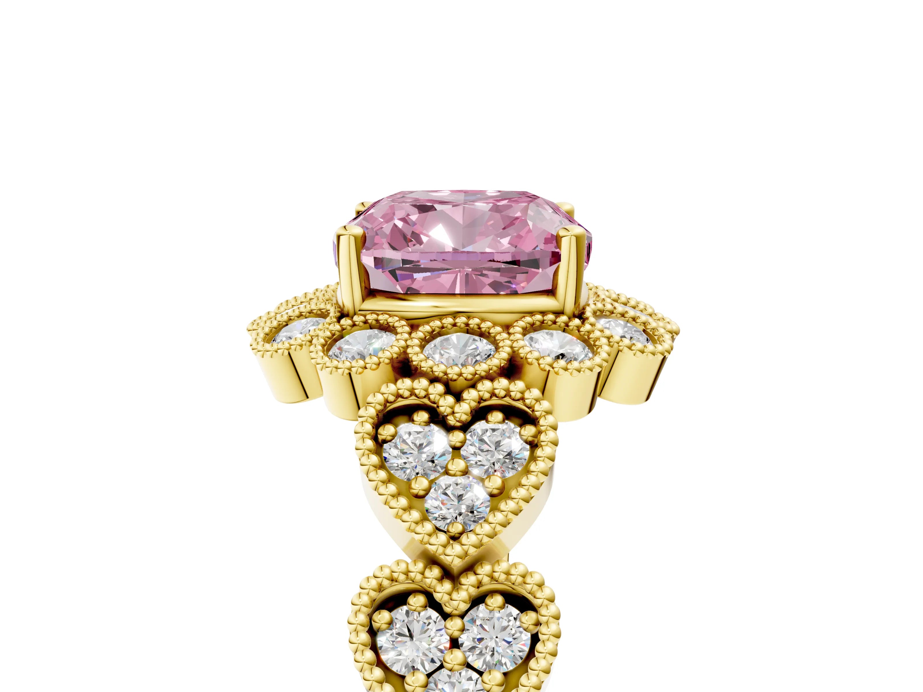 Yellow gold Fancy Pink Cushion Cut Brilliant Milgrain Pave Heart Band Solitaire Ring_5