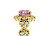 Yellow gold Fancy Pink Cushion Cut Brilliant Milgrain Pave Heart Band Solitaire Ring_5