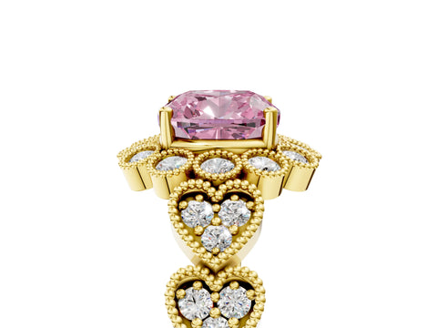 Yellow gold Fancy Pink Cushion Cut Brilliant Milgrain Pave Heart Band Solitaire Ring_5