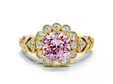 Yellow gold Fancy Pink Cushion Cut Brilliant Milgrain Pave Heart Band Solitaire Ring