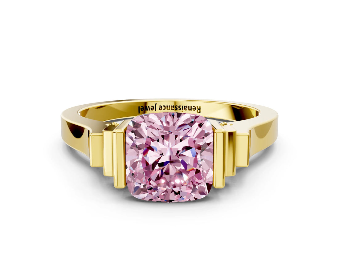 Yellow gold Fancy Pink Cushion Cut Brilliant Solitaire Diamond Ring with Channel Set Band and Bar Prong Setting_6