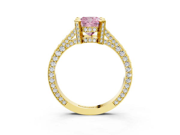 Yellow gold Fancy Pink Cushion Cut Brilliant Split Shank Pave Solitaire Ring with Four-Prong Setting