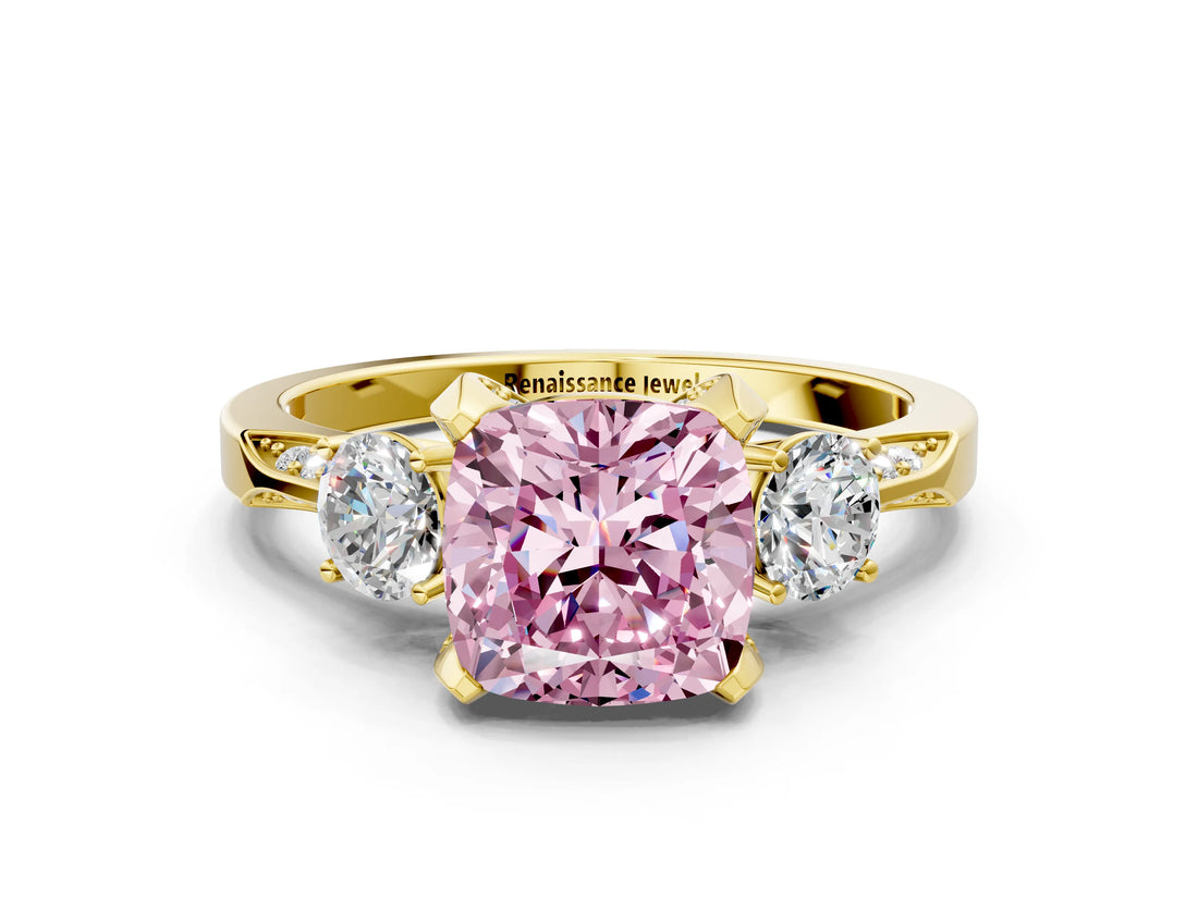Yellow gold Fancy Pink Cushion Cut Brilliant Three-Stone Diamond Ring with Pavé Band and Four-Prong Setting_15