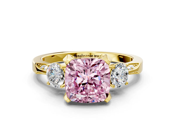 Yellow gold Fancy Pink Cushion Cut Brilliant Three-Stone Diamond Ring with Pavé Band and Four-Prong Setting