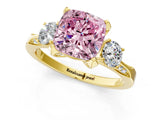 Yellow gold Fancy Pink Cushion Cut Brilliant Three-Stone Diamond Ring with Pavé Band and Four-Prong Setting_16