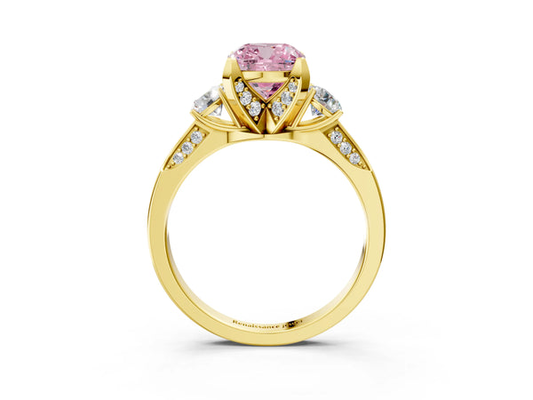 Yellow gold Fancy Pink Cushion Cut Brilliant Three-Stone Diamond Ring with Pavé Band and Four-Prong Setting