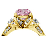 Yellow gold Fancy Pink Cushion Cut Brilliant Three-Stone Diamond Ring with Pavé Band and Four-Prong Setting_19