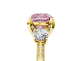 Yellow gold Fancy Pink Cushion Cut Brilliant Three-Stone Diamond Ring with Pavé Band and Four-Prong Setting_20