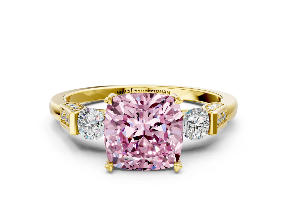 Yellow gold Fancy Pink Cushion Cut Brilliant Three-Stone Pave Band with Four-Prong Setting