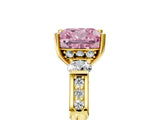 Yellow gold Fancy Pink Cushion Cut Brilliant Three-Stone Pave Band with Four-Prong Setting_5