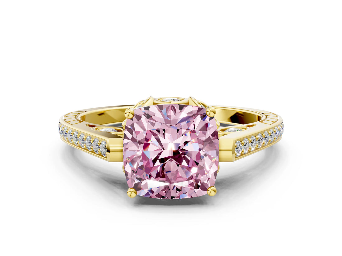 Yellow gold Fancy Pink Cushion  Cut Cathedral Pave Diamond Engagement Ring with Six-Prong Setting_33
