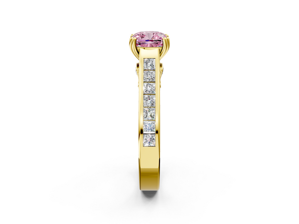 Yellow Gold Cushion Cut Channel Set Solitaire Engagement Ring Setting for Fancy Pink Center with Double Claw Prongs