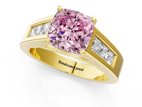 Yellow gold Fancy Pink Cushion Cut Cut Channel Set Solitaire Ring with Four-Prong Setting_1