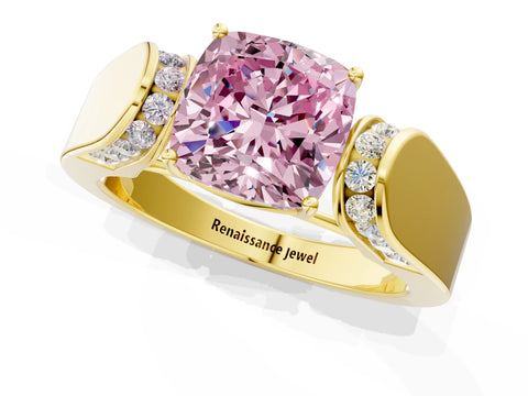 Yellow gold Fancy Pink Cushion Cut Cut Diamond Channel Set Solitaire Ring with Four-Prong Setting_1