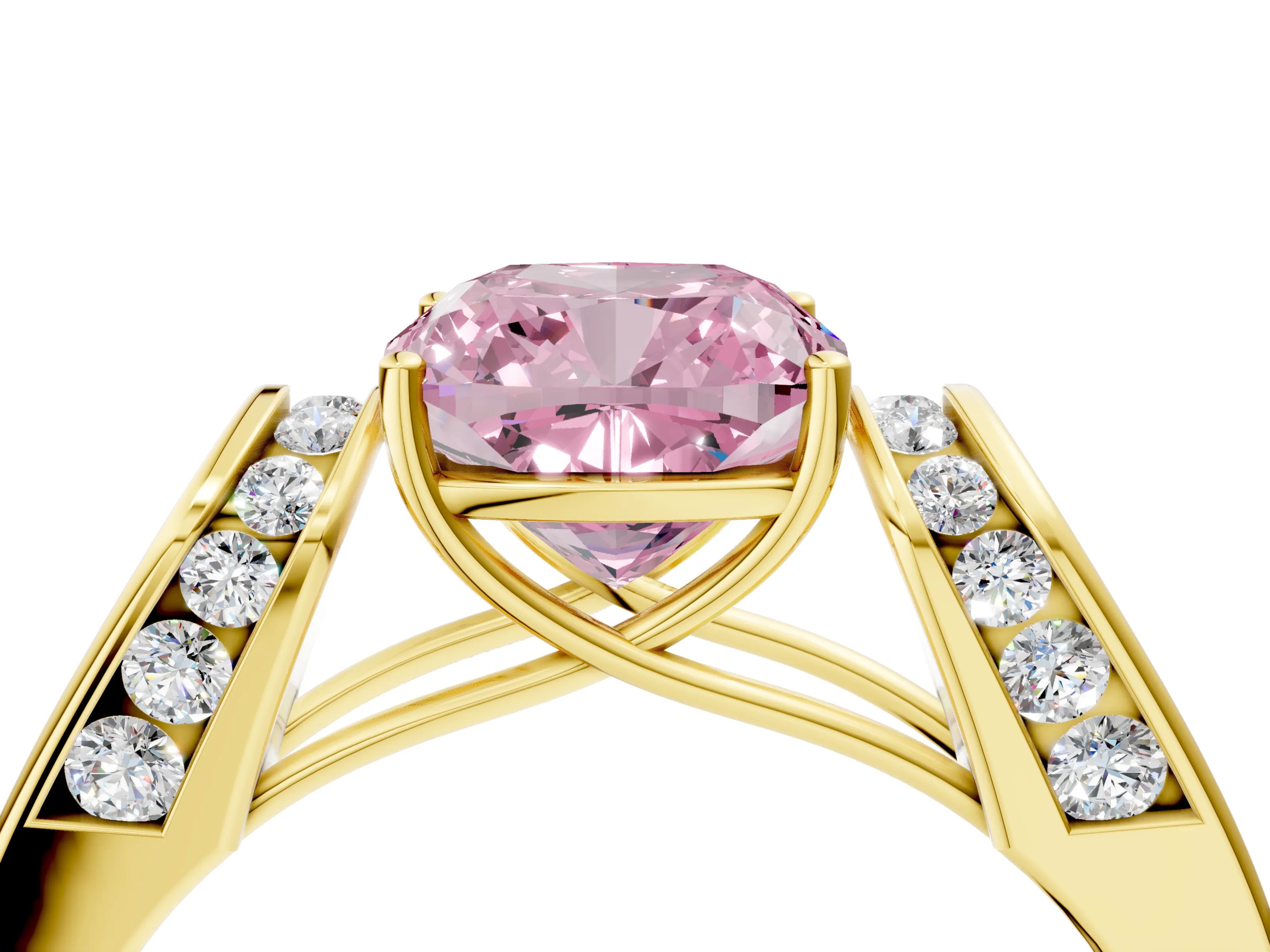 Yellow gold Fancy Pink Cushion Cut Cut Diamond Channel Set Solitaire Ring with Four-Prong Setting_4