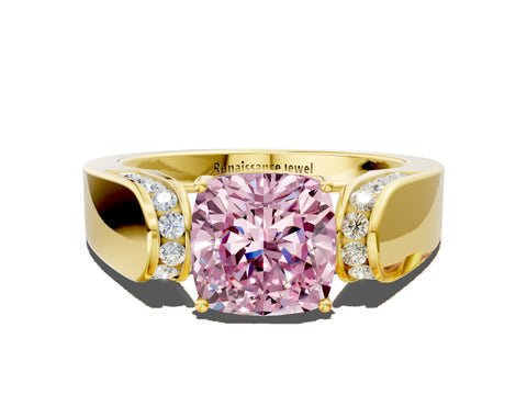 Yellow gold Fancy Pink Cushion Cut Cut Diamond Channel Set Solitaire Ring with Four-Prong Setting