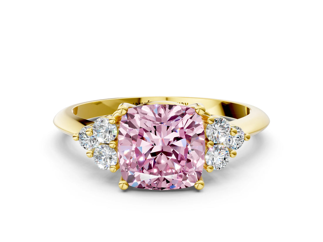 Yellow gold Fancy Pink Cushion Cut Cut Diamond Cluster Ring with Solitaire Band and Four-Prong Setting