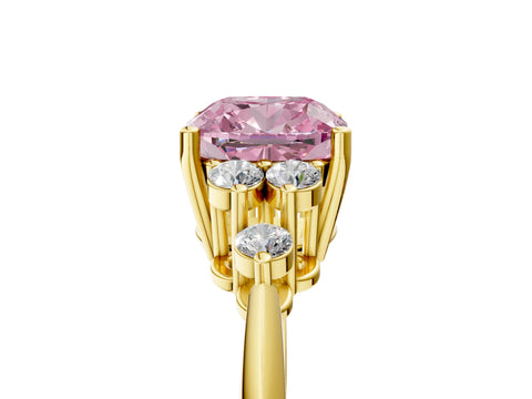 Yellow gold Fancy Pink Cushion Cut Cut Diamond Cluster Ring with Solitaire Band and Four-Prong Setting_5