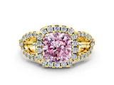 Yellow gold Fancy Pink Cushion Cut Cut Diamond Halo Engagement Ring with Open Split Pavé Band