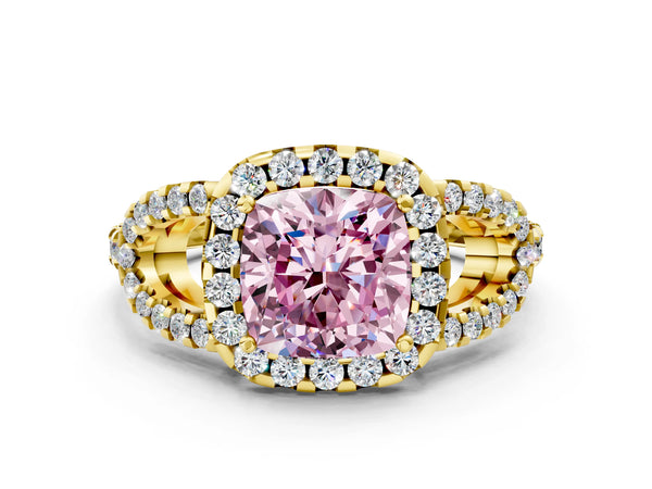 Yellow Gold Cushion Cut Split Shank Pave Halo Engagement Ring Setting for Fancy Pink Center