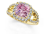 Yellow gold Fancy Pink Cushion Cut Cut Diamond Halo Engagement Ring with Open Split Pavé Band_1