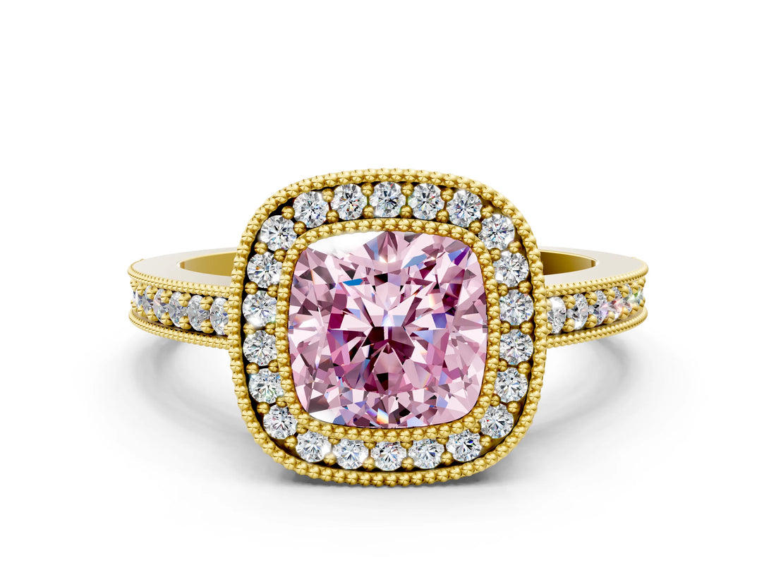 Yellow gold Fancy Pink Cushion Cut-Cut Diamond Halo Engagement Ring with Pave Band and Prong Setting