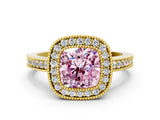 Yellow gold Fancy Pink Cushion Cut-Cut Diamond Halo Engagement Ring with Pave Band and Prong Setting