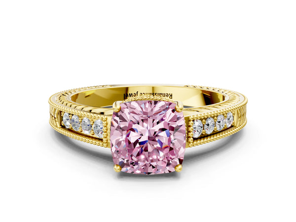Yellow gold Fancy Pink Cushion Cut Cut Diamond Milgrain Pave Band Four-Prong Setting Ring