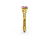 Yellow gold Fancy Pink Cushion Cut Cut Diamond Milgrain Pave Band Four-Prong Setting Ring_5